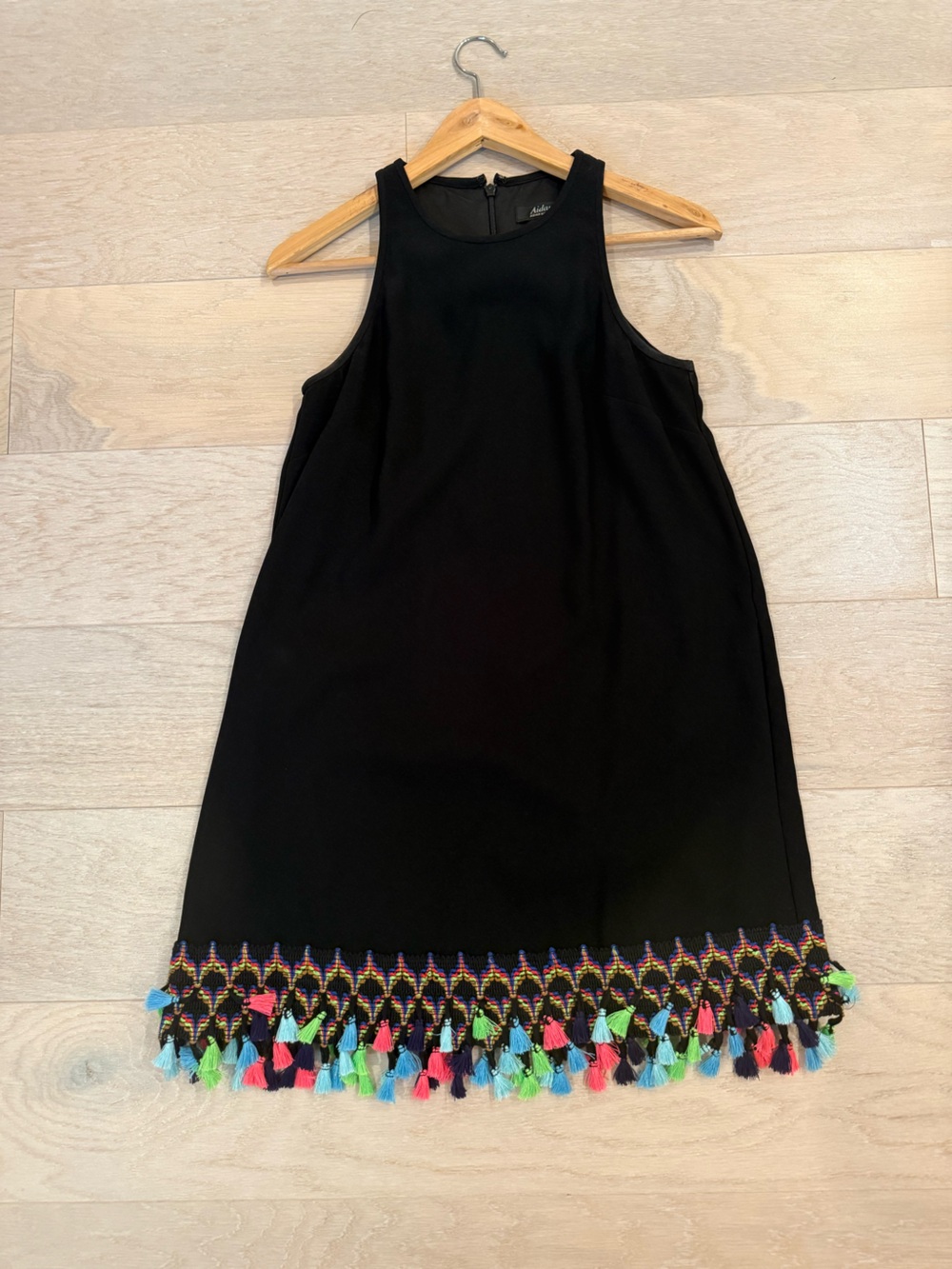 Aiden Mattox  Black Sleeveless Shift Dress with Colorful Tassel Hem